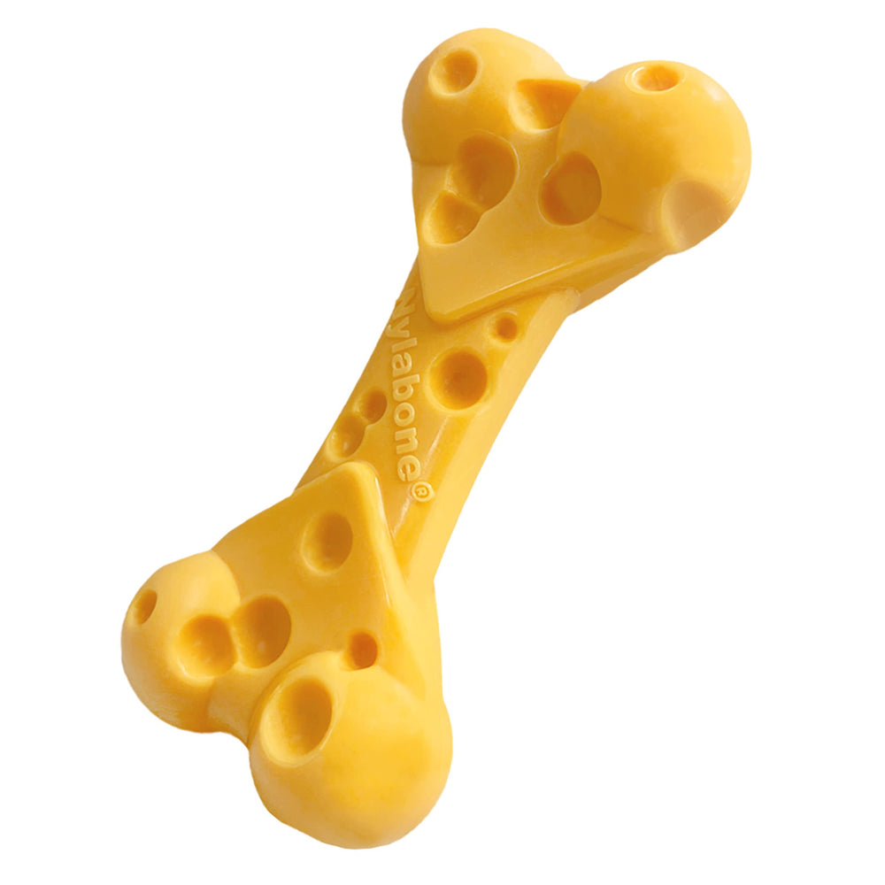 Nylabone Cheese Bone Power Chew Toy close-up shows durable material for aggressive chewers.
