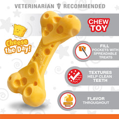 Nylabone Cheese Bone Power Chew Toy large-dog display shows suitability for 50+ pounds.