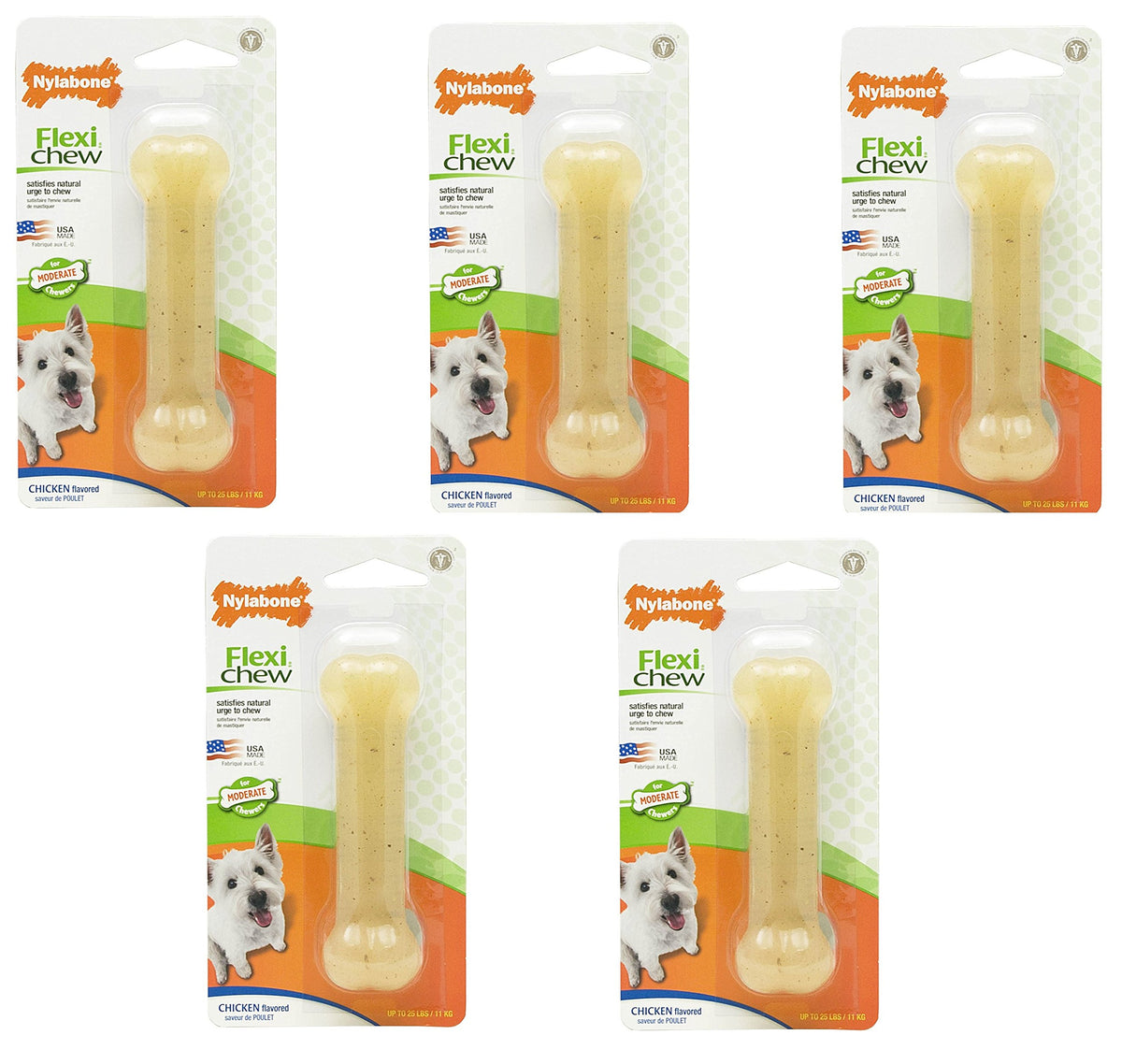 Nylabone FlexiChew chicken bone pack for regular dogs, showcasing chew-friendly design for dental care