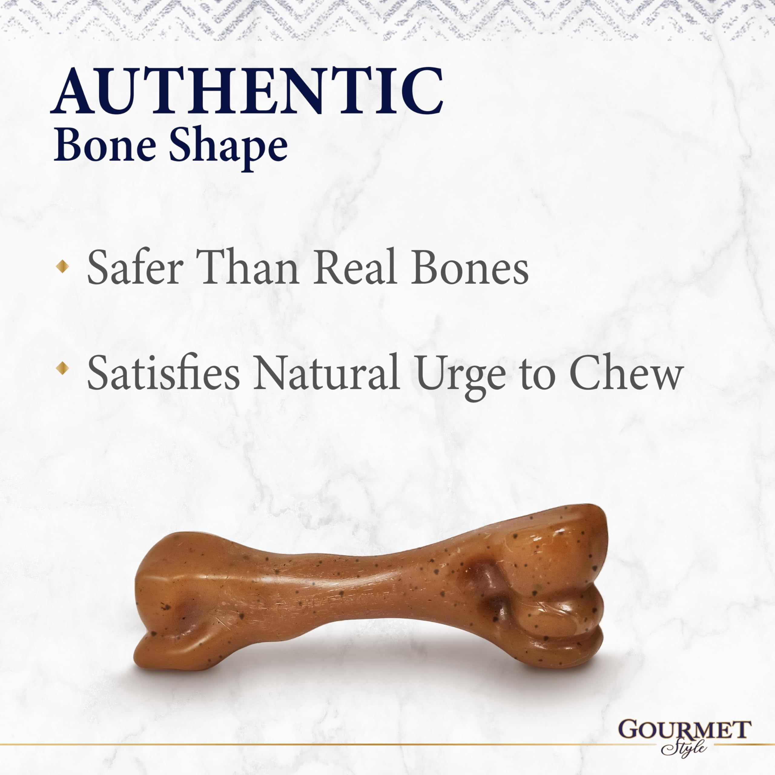 Nylabone Gourmet Style femur-chew close-up shows bold flavor bits for canine tastiness.