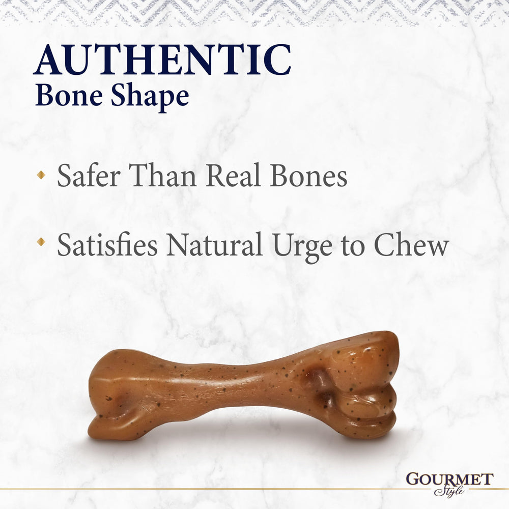 Nylabone Gourmet Style femur-chew close-up shows bold flavor bits for canine tastiness.