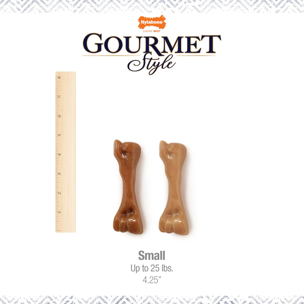Nylabone Gourmet Style chicken-flecked femur-chews close-up highlight visible flavor bits.