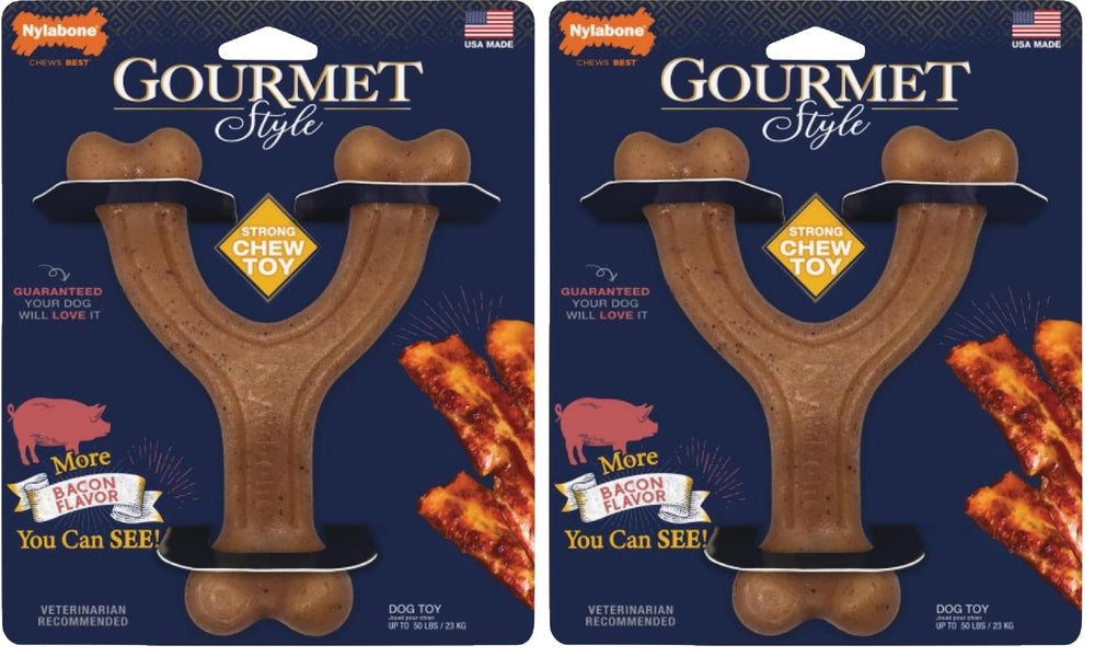 Nylabone Gourmet Style Wishbone Bacon Flavor dog toy for large dogs, durable chewing.