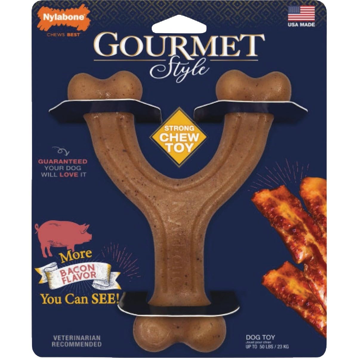 Nylabone Gourmet Style Wishbone Bacon Flavor for large dogs delivers satisfying chew flavor.