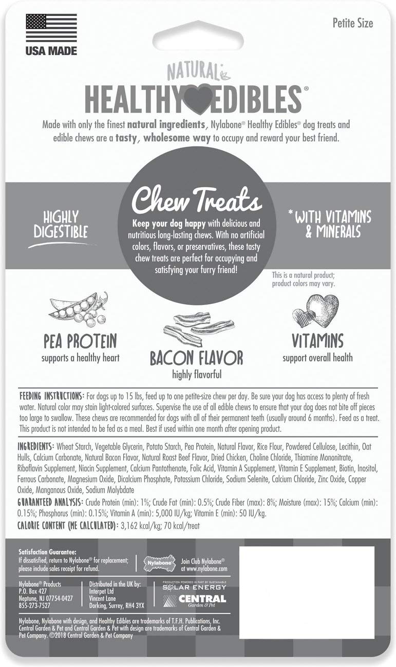 Nylabone Healthy Edibles bacon flavored chews provide durable enjoyment for tiny dogs.