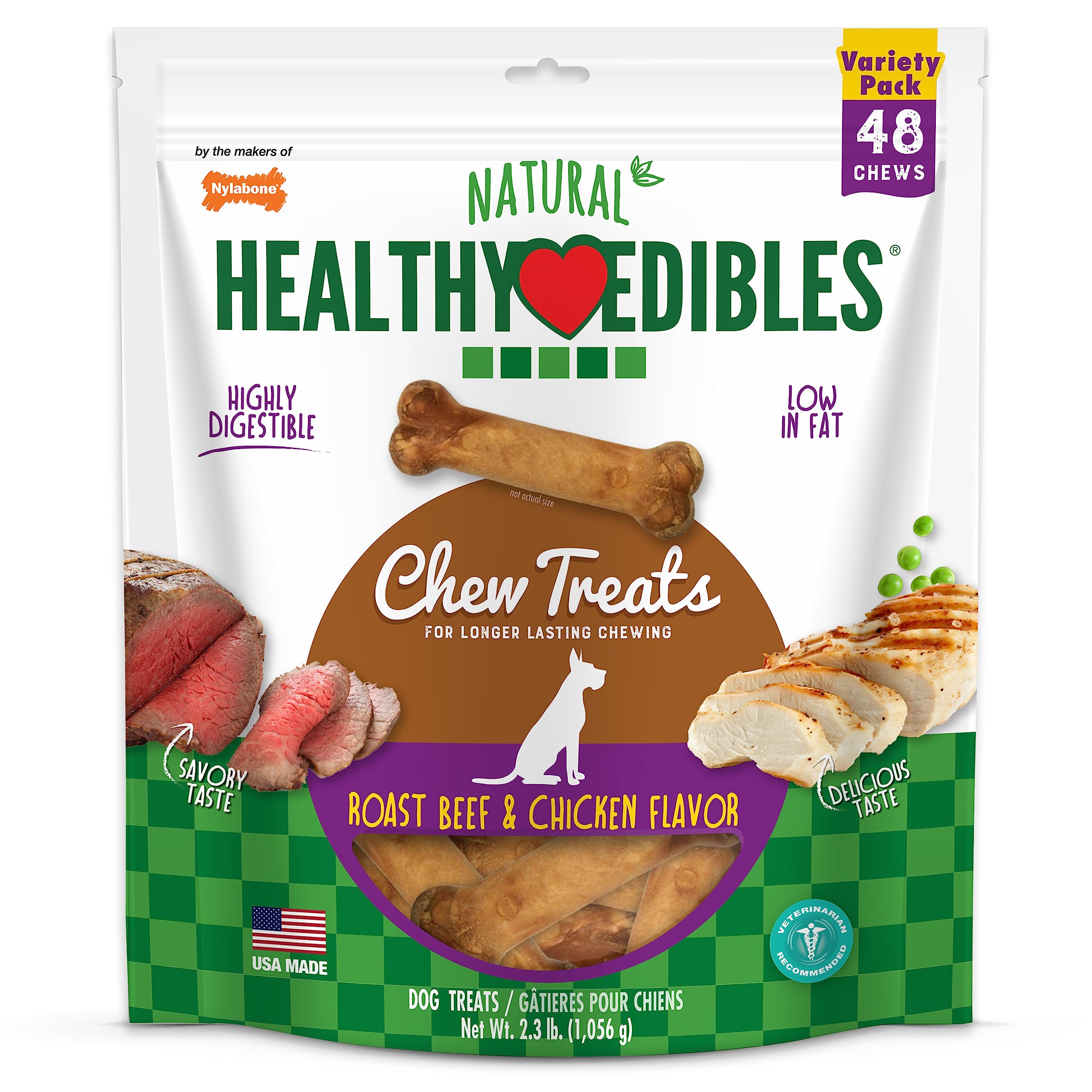Nylabone Healthy Edibles bag front showing USA-made dog treats for training rewards.