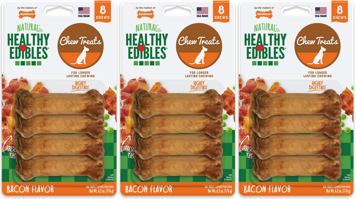 Nylabone Healthy Edibles bacon chew for small dogs delivers long lasting satisfaction.