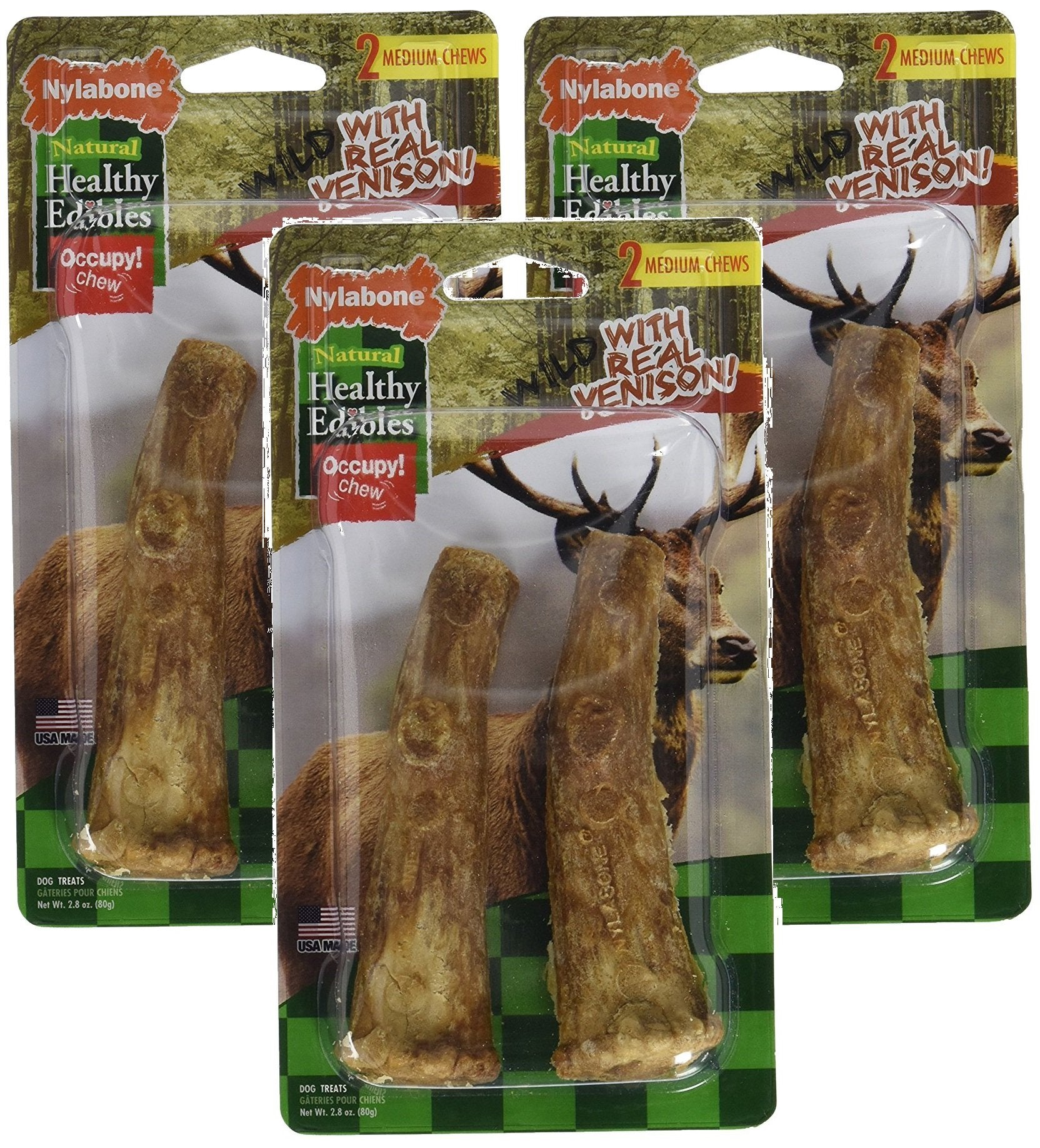 Nylabone Healthy Edibles Venison Antler dog treats with textured surface supporting dental care