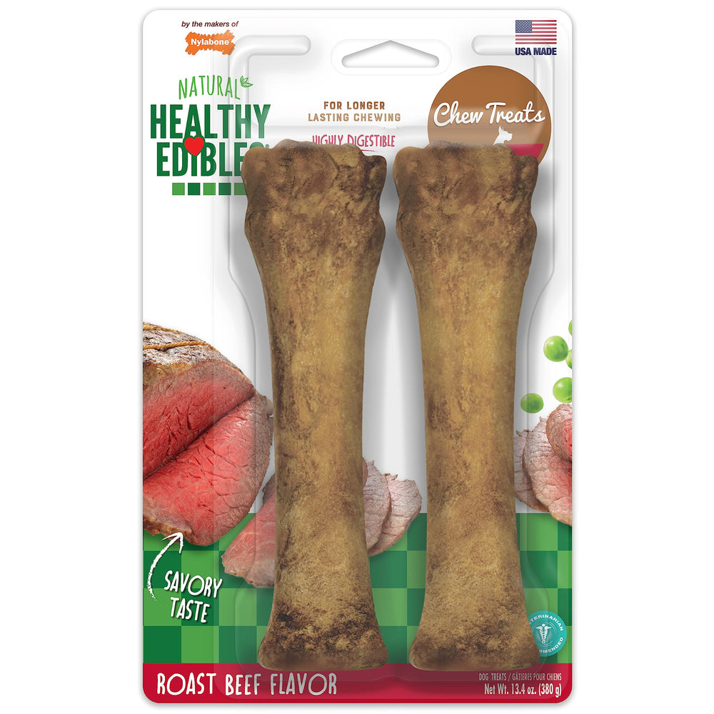 Nylabone Healthy Edibles roast-beef-chew packaging highlights USA-made quality and durable chew options.