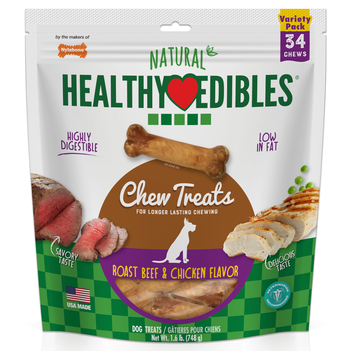 Nylabone Healthy Edibles roast beef pack shot, long-lasting chew for small dogs.