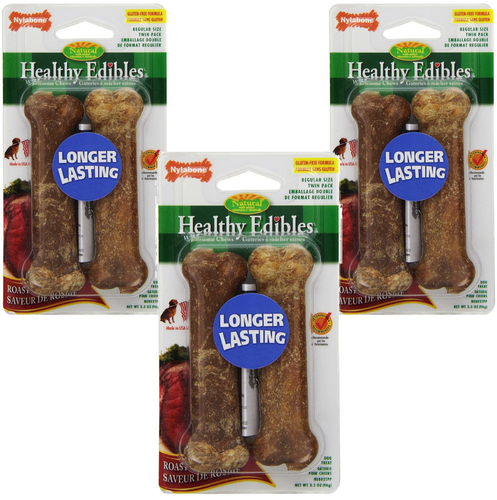Nylabone Healthy Edibles roast beef treat bones pack display – six bones for longer-lasting chews.