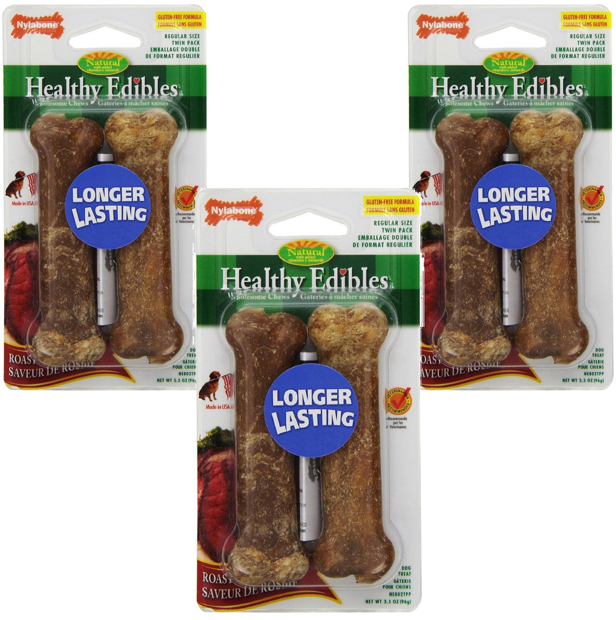 Nylabone Healthy Edibles roast beef treat bones pack display – six bones for longer-lasting chews.
