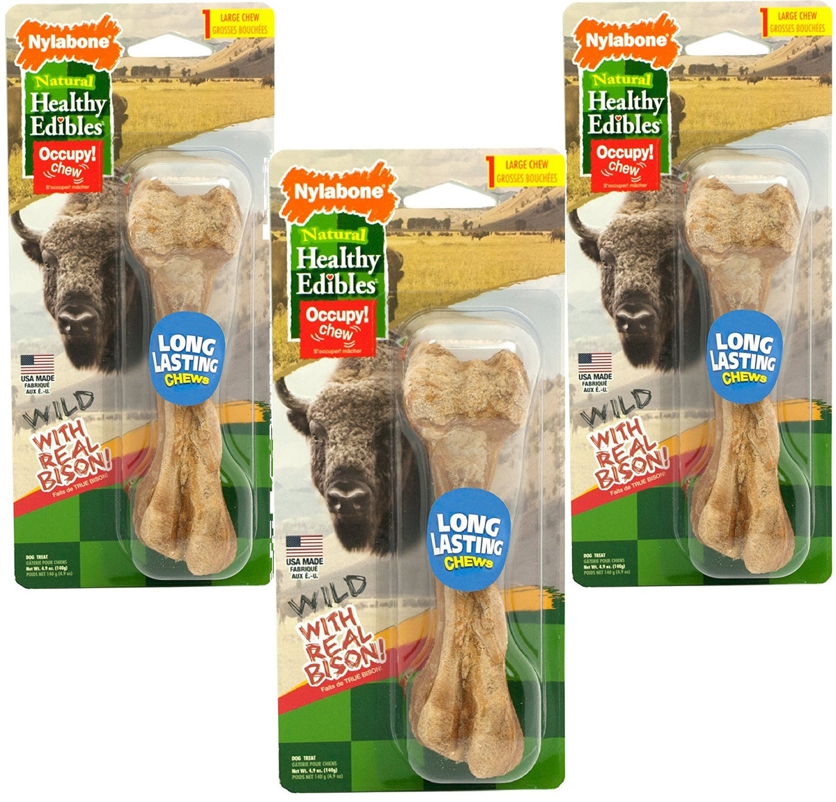 Nylabone Healthy Edibles Wild Bison bones, large size, durable chew for active dogs.