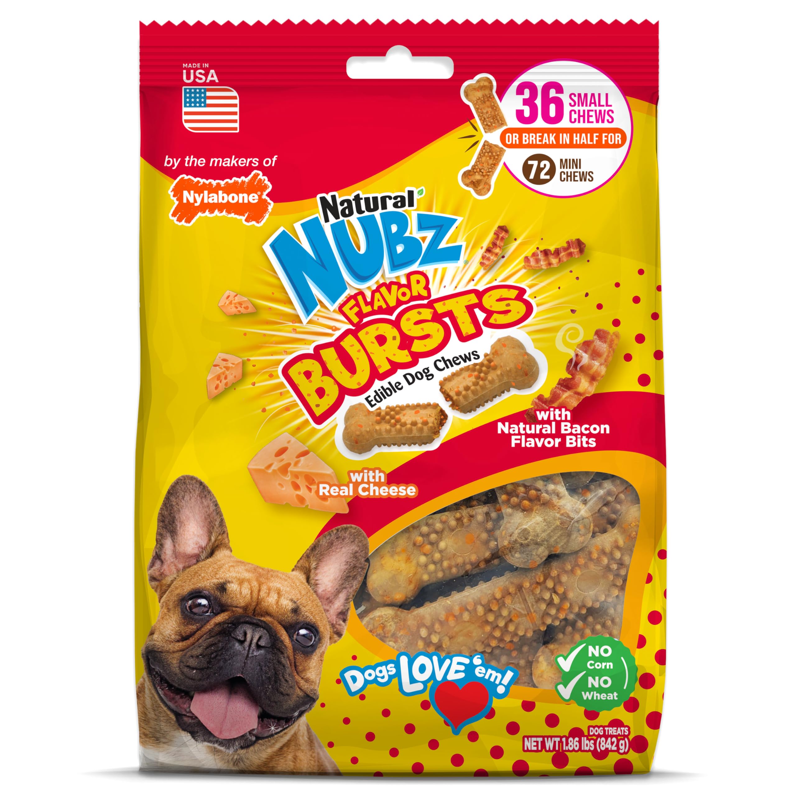 Nylabone Nubz bacon-cheese-bones for small dogs delivers savory flavor during chew time.