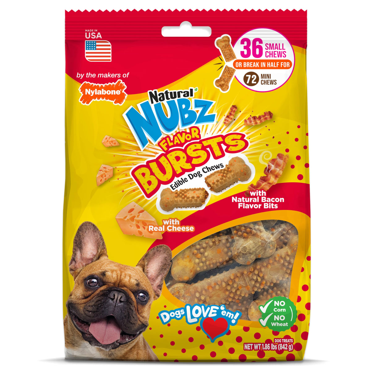 Nylabone Nubz bacon-cheese-bones for small dogs delivers savory flavor during chew time.