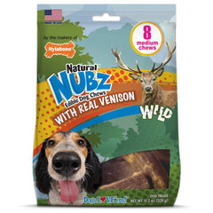 Nylabone Nubz Edibles Antler packaging bag shows eight venison chews for dogs