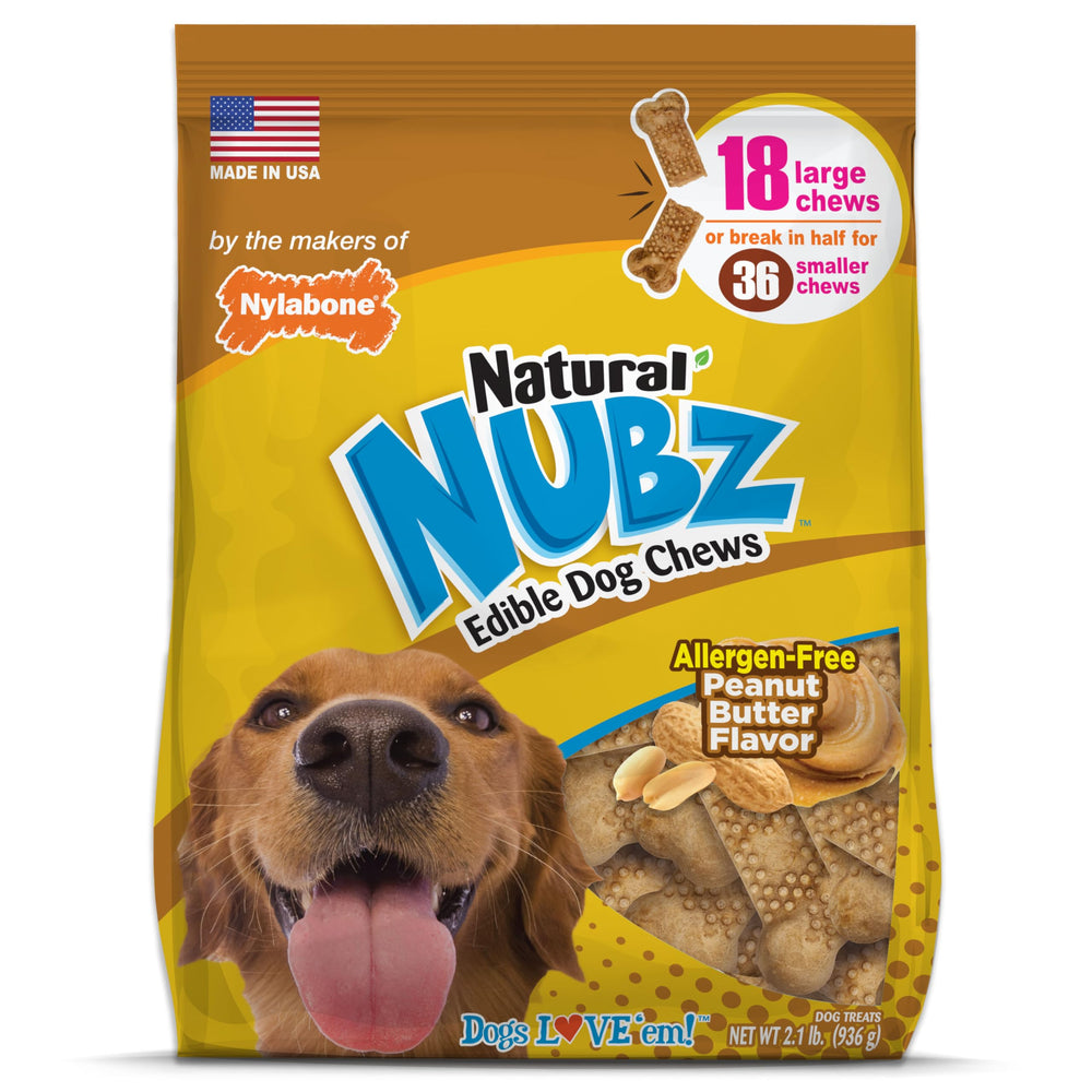 Nylabone Nubz peanut butter chews in packaging for large dogs; long-lasting dental chew.