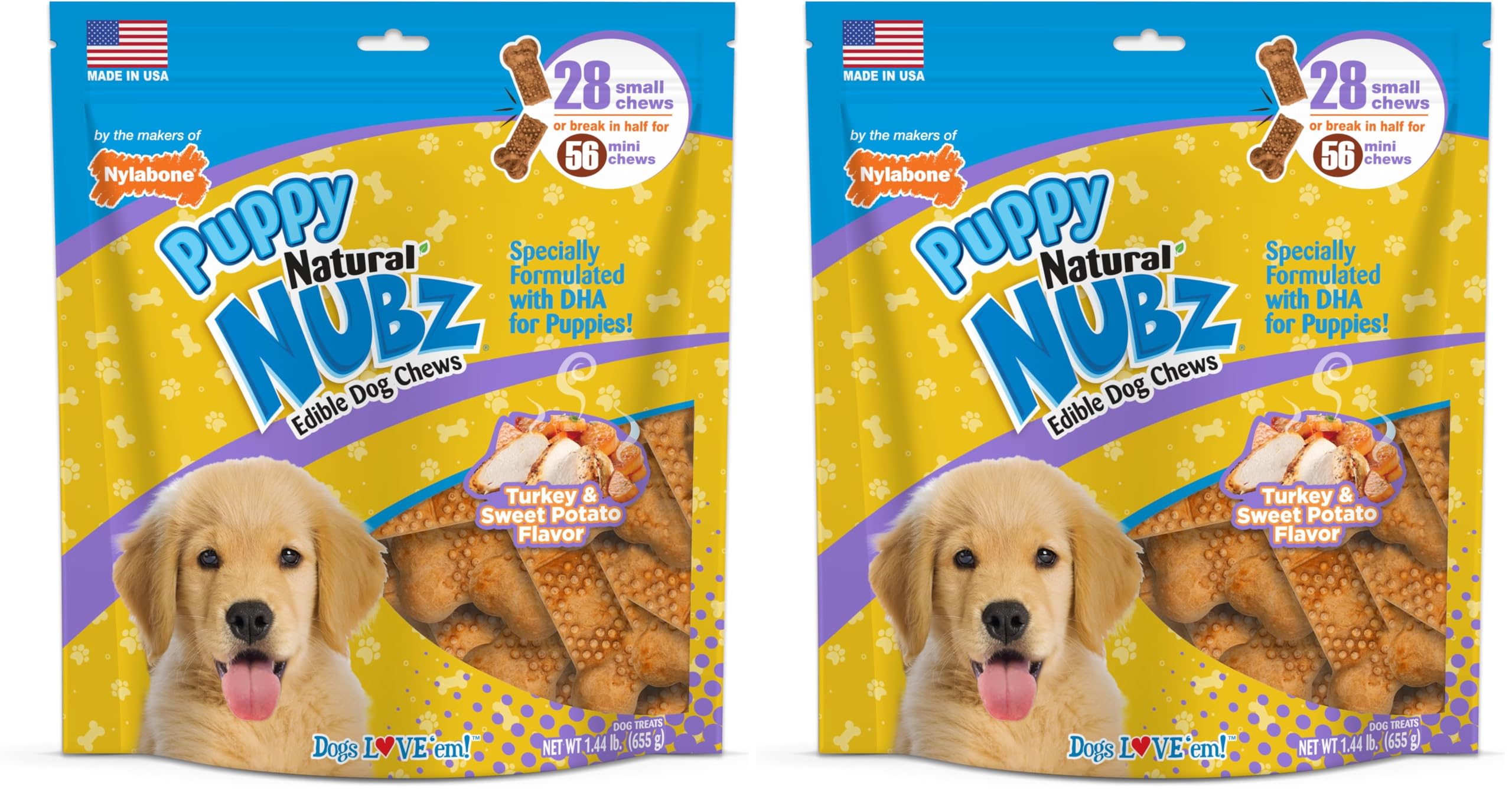 Nylabone Nubz puppy chew in turkey and sweet potato flavor supports dental health and training.