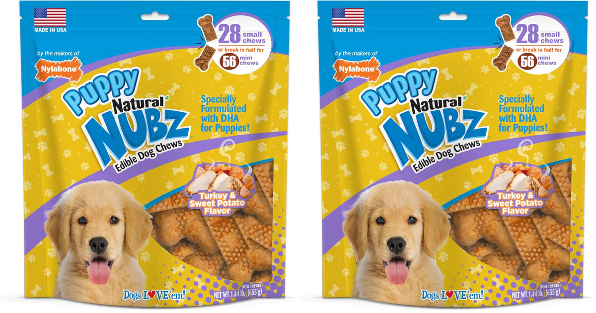 Nylabone Nubz puppy chew in turkey and sweet potato flavor supports dental health and training.