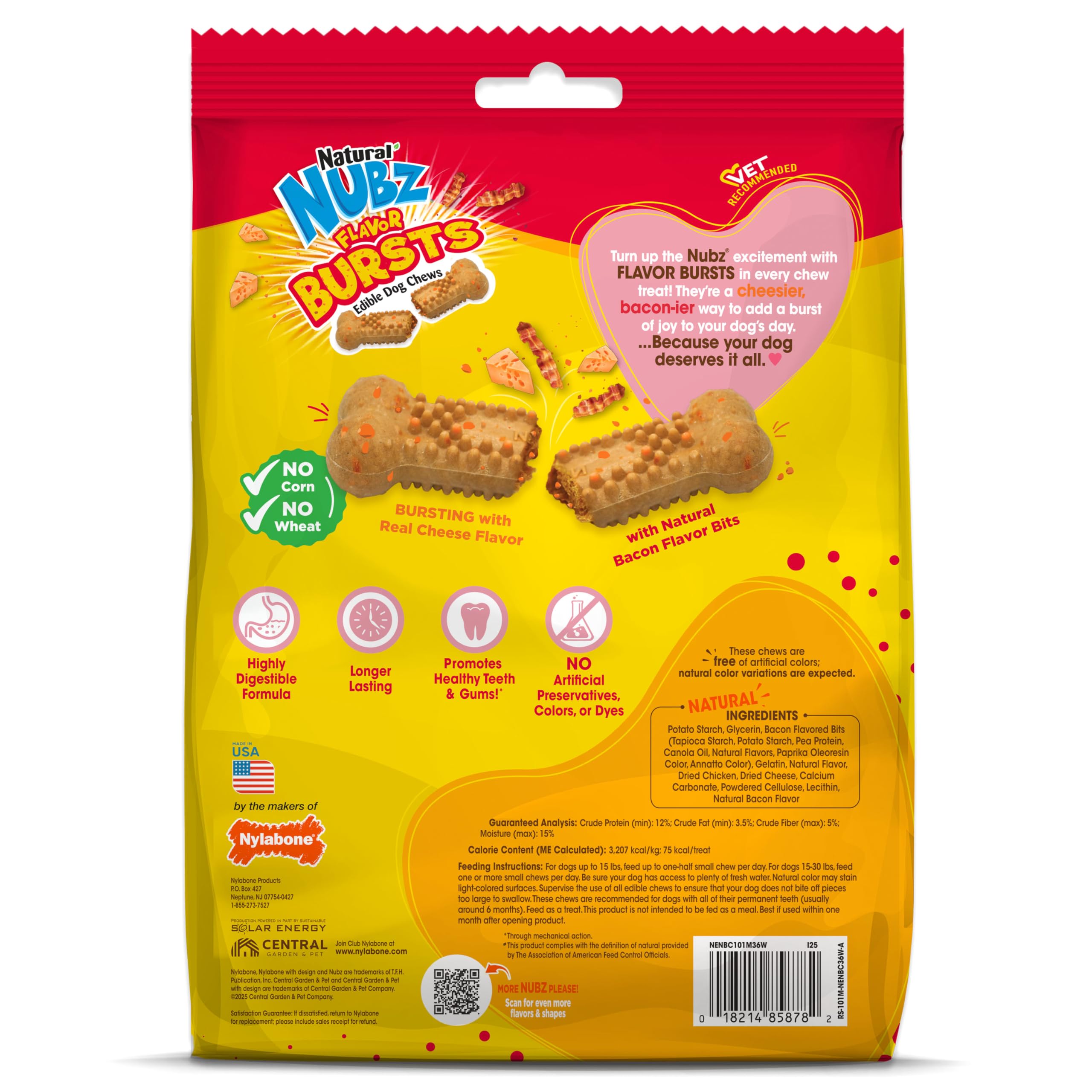 Nylabone Nubz-real-cheese-bacon-flavor boosts treat time for curious chewers.