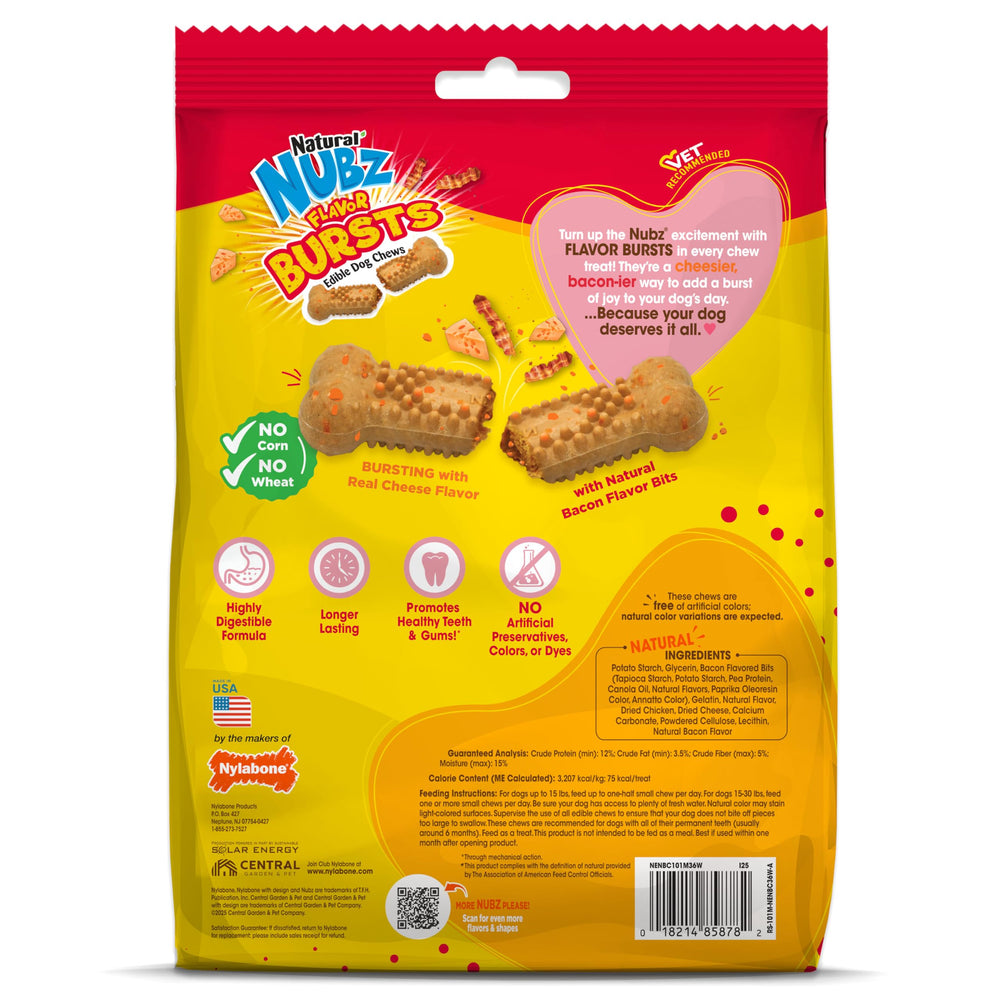 Nylabone Nubz-real-cheese-bacon-flavor boosts treat time for curious chewers.