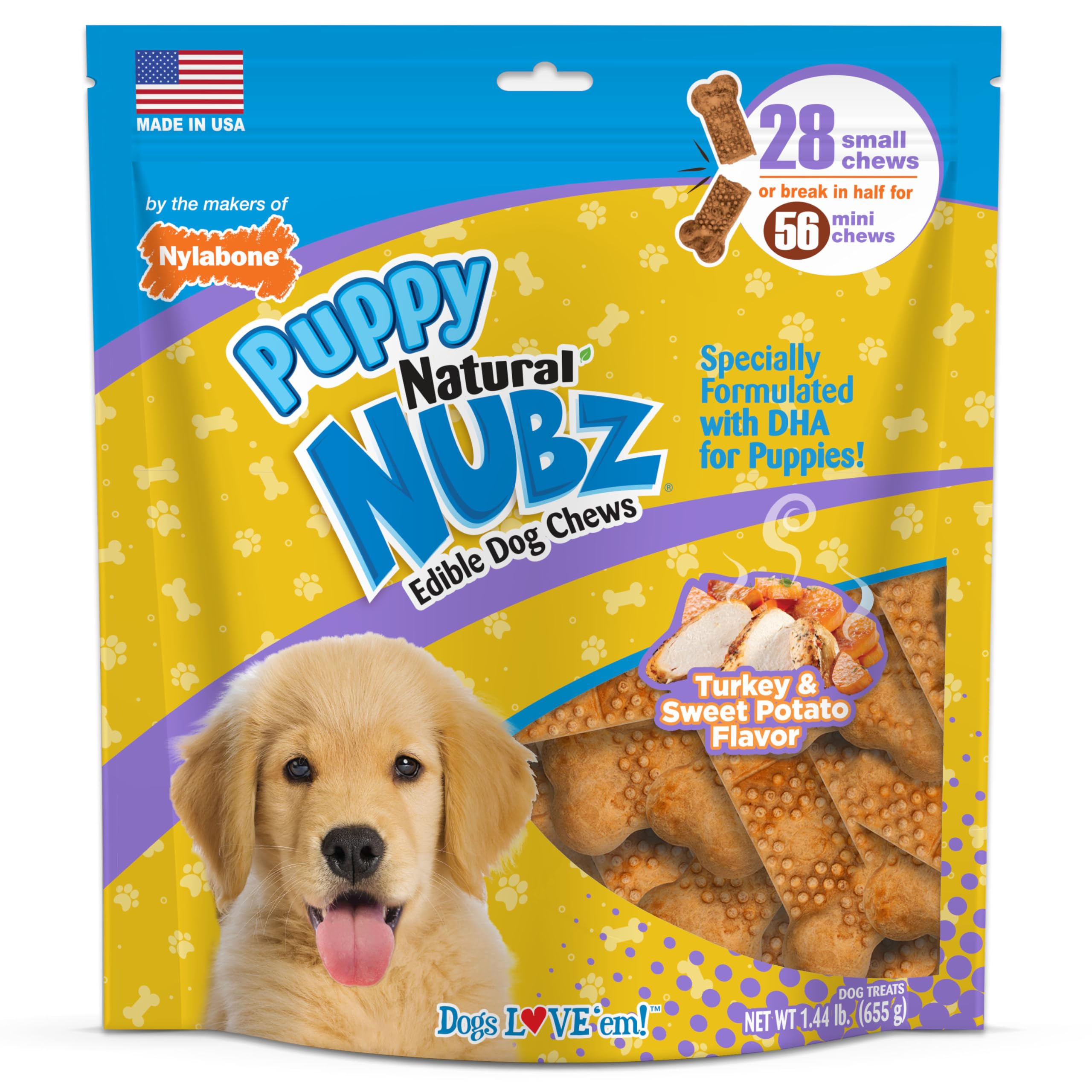Nylabone Nubz turkey-sweet-potato package image highlights durable puppy chew rewards.