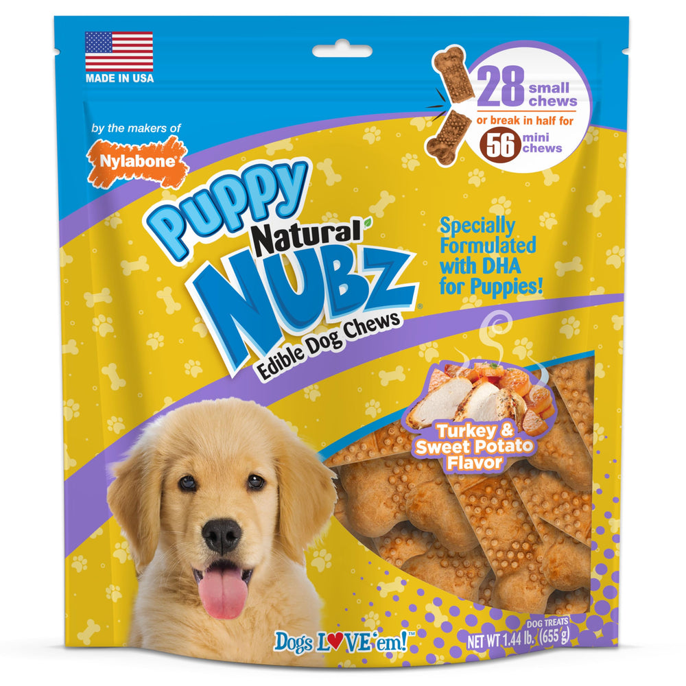 Nylabone Nubz turkey-sweet-potato package image highlights durable puppy chew rewards.