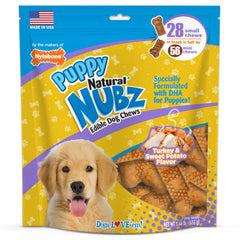 Nylabone Nubz turkey-sweet-potato package image highlights durable puppy chew rewards.