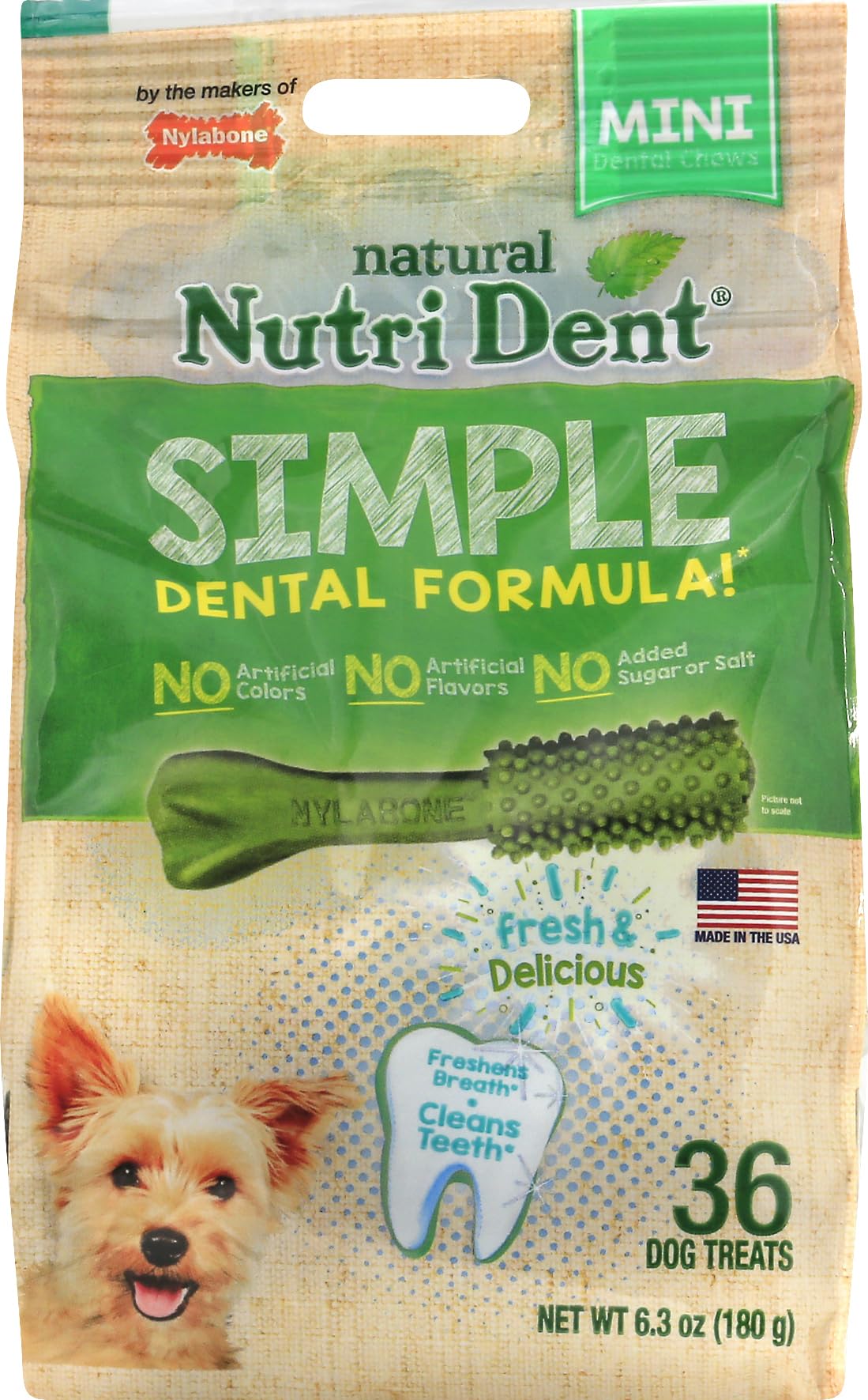 Nylabone Nutri Dent mini chews pouch promoting dental care and digestible nutrition