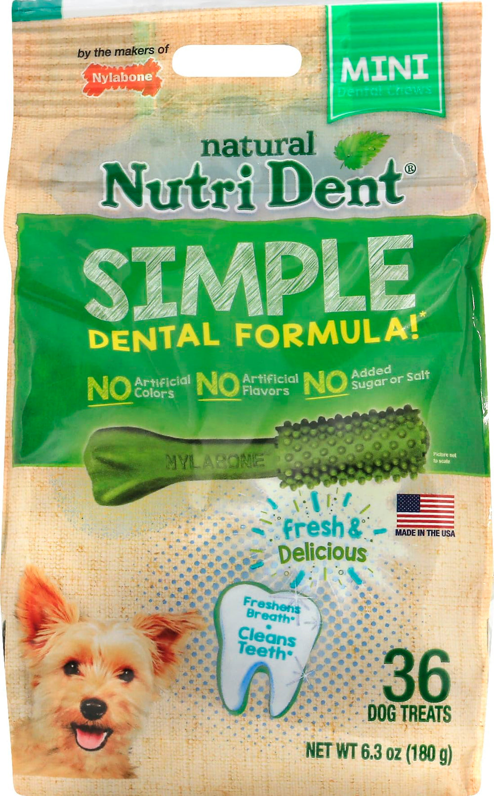 Nylabone Nutri Dent mini chews pouch promoting dental care and digestible nutrition
