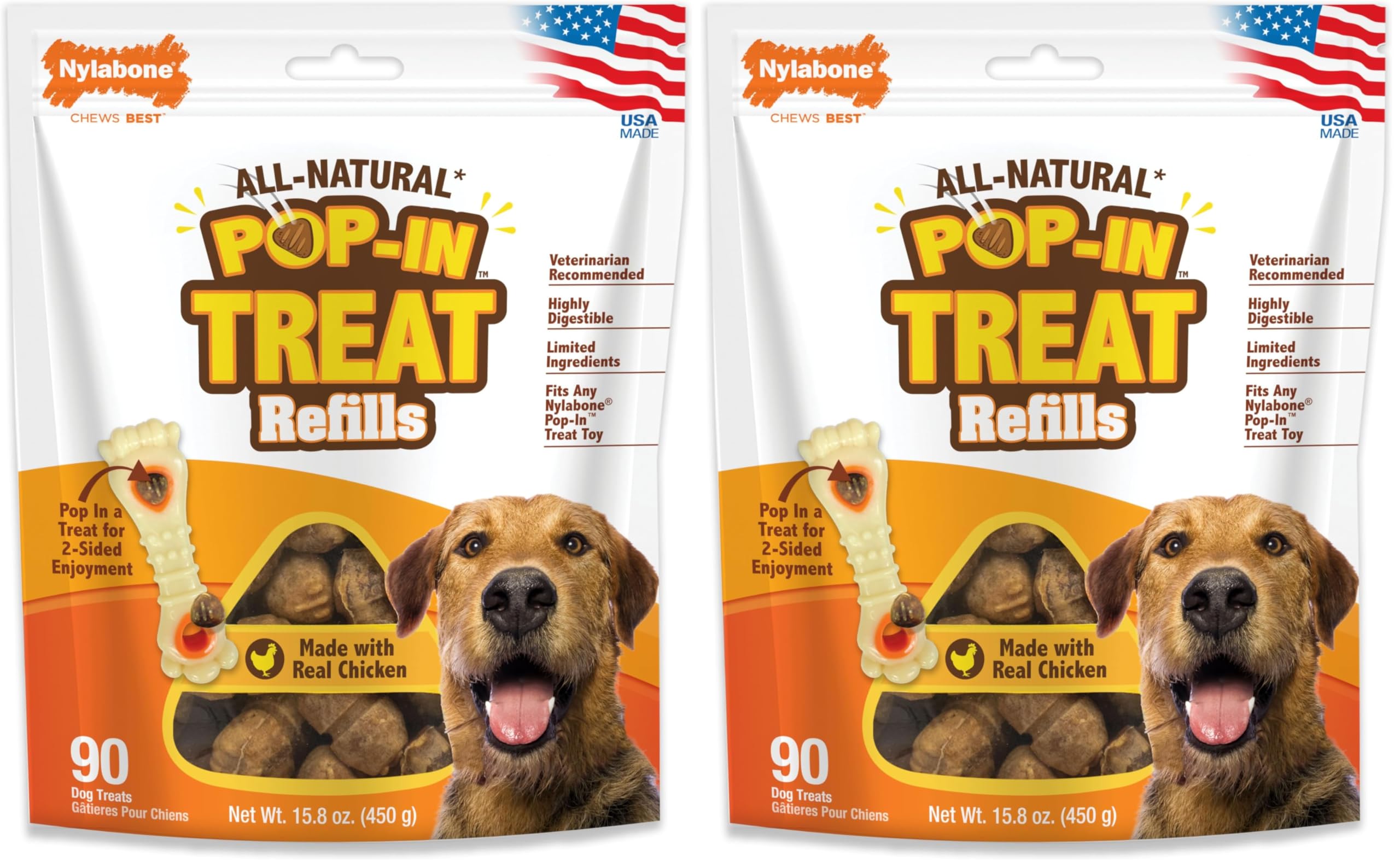 Nylabone Pop-in Treat-Toy refill chews offer chicken flavor for long-lasting interactive play