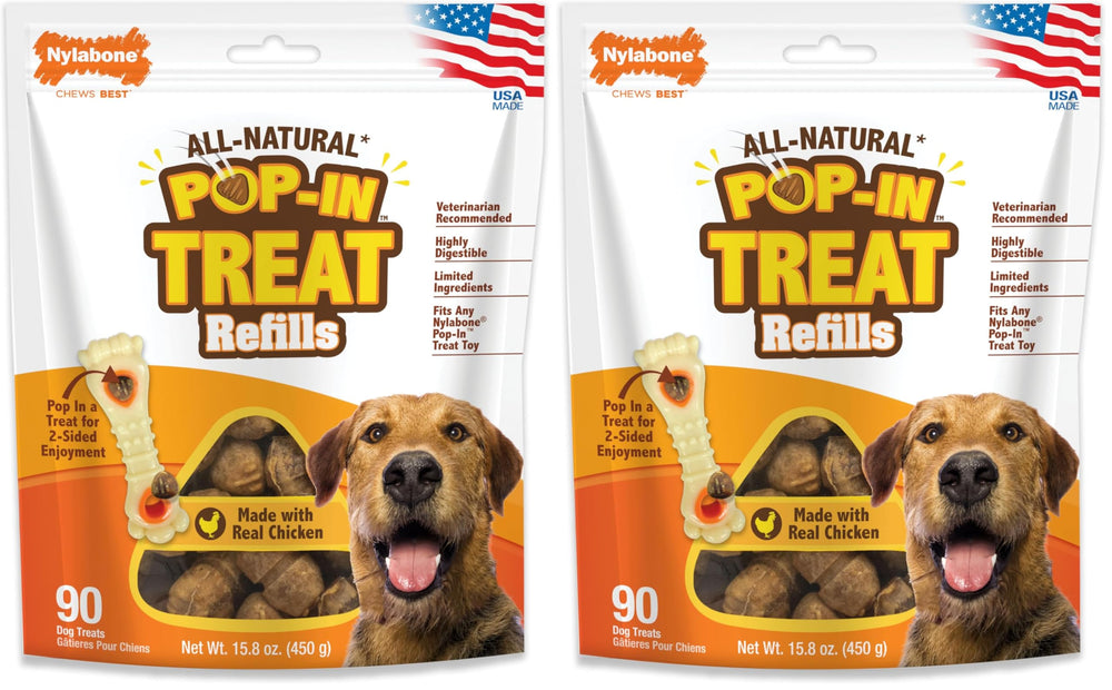 Nylabone Pop-in Treat-Toy refill chews offer chicken flavor for long-lasting interactive play