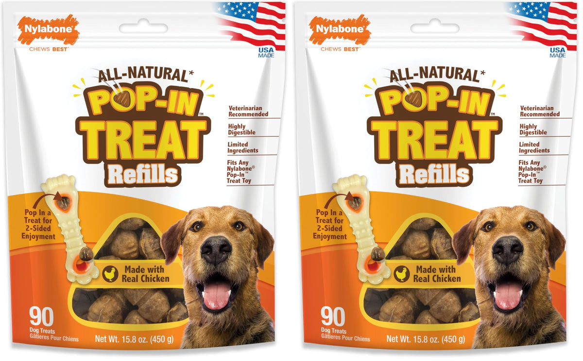 Nylabone Pop-in Treat-Toy refill chews offer chicken flavor for long-lasting interactive play