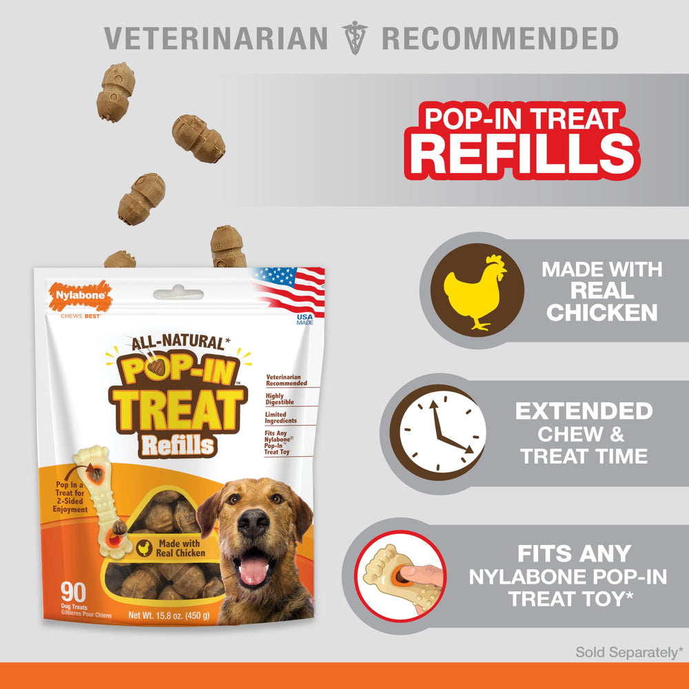 Nylabone Pop-In refill chicken treats next to packaging for toy compatibility.