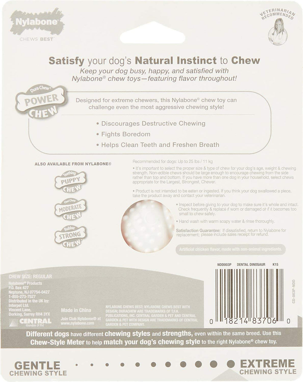 Nylabone Power Chew Dental Dino being chewed by a small dog under 25 pounds