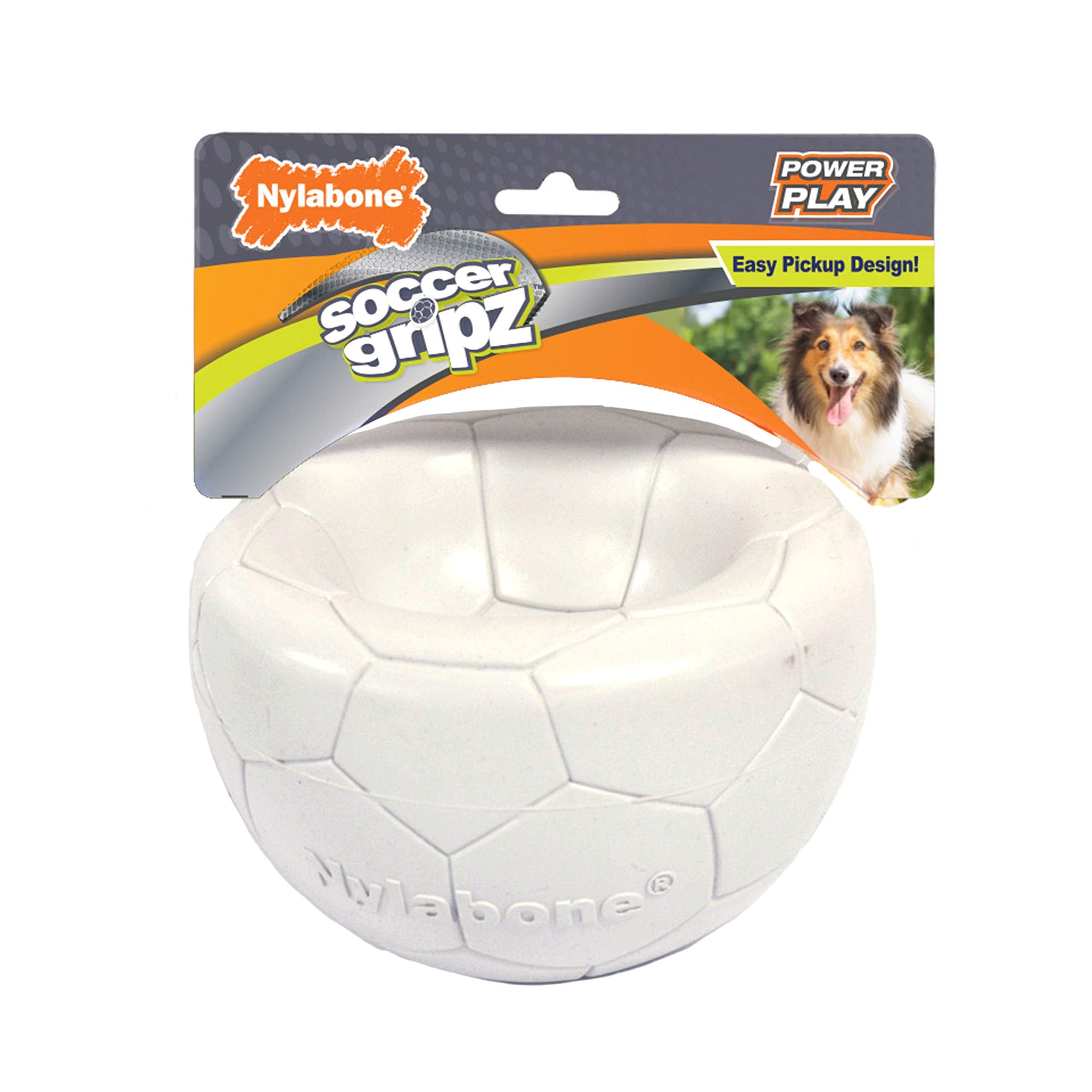 Nylabone Power Play Gripz Soccer Ball pickup-indent design for easy fetch indoors.