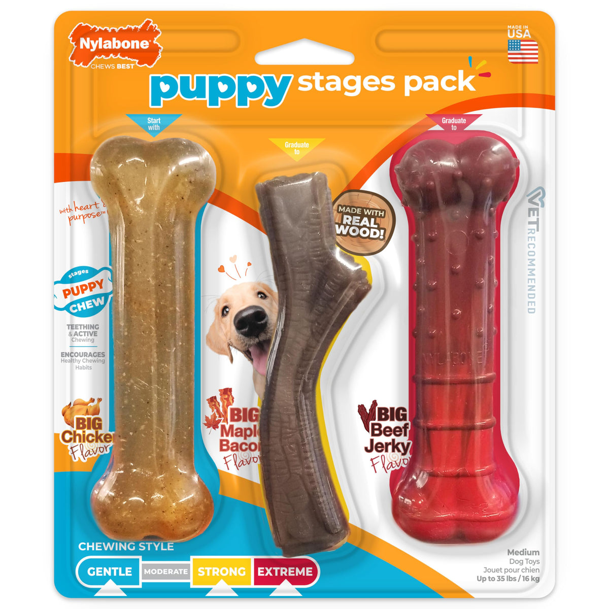 Nylabone Puppy Stages Pack chicken chew toy for teething relief.
