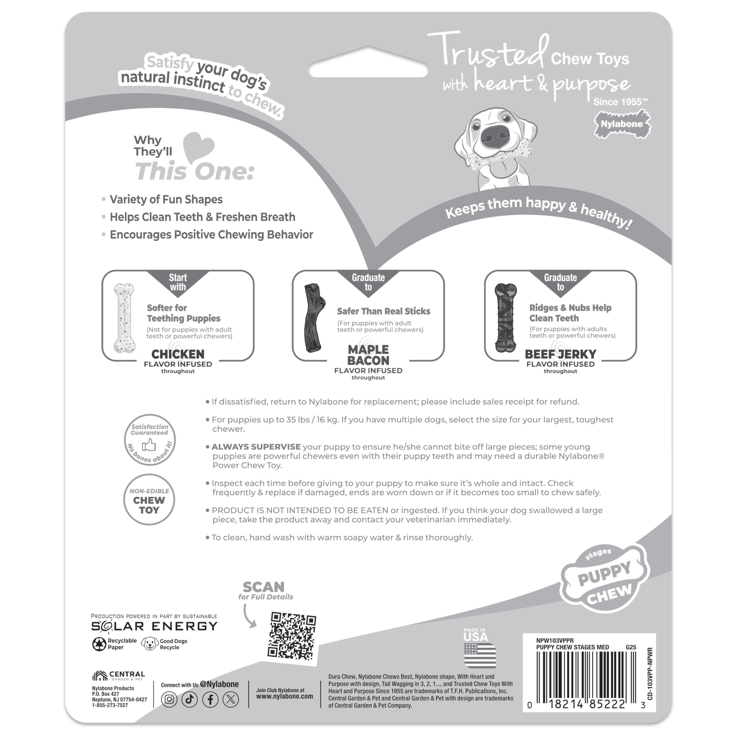 Nylabone Puppy Stages trio flavors image showcasing three toys.