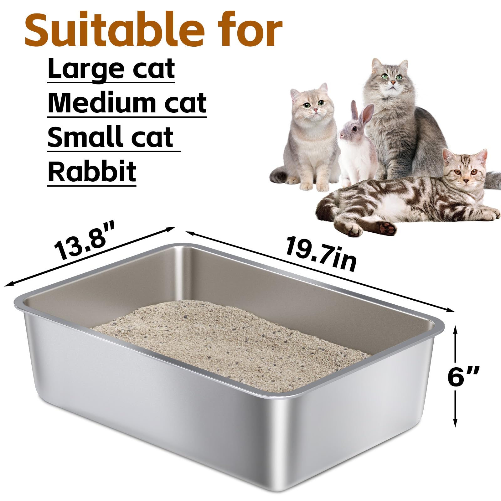 Nyutu stainless steel litter box side view highlighting sturdy base and high walls.