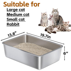Nyutu stainless steel litter box side view highlighting sturdy base and high walls.
