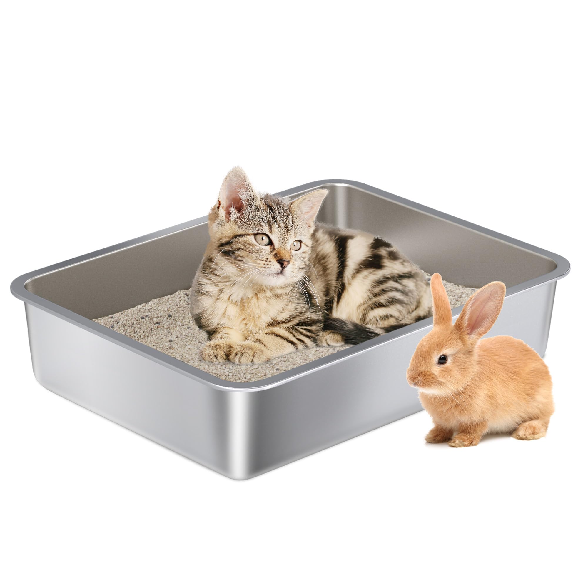 Nyutu stainless steel litter box open top reduces scatter and eases access for cats.