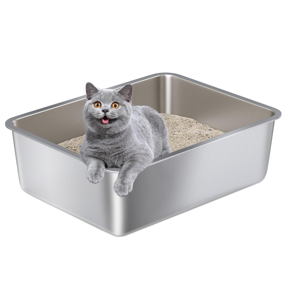 Nyutu stainless steel litter box top view highlights spacious open design for easy access.