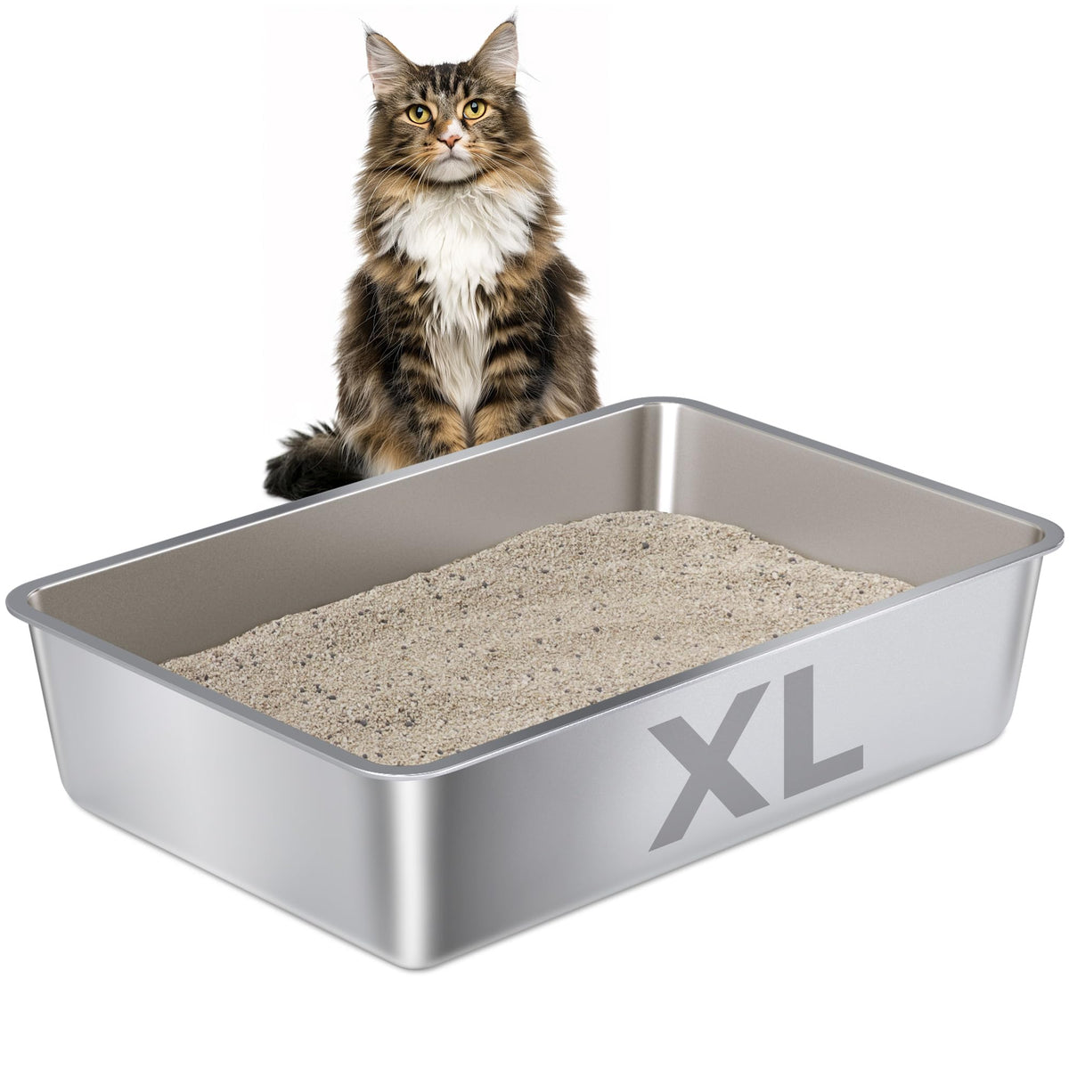 Nyutu XL stainless steel litter box front view highlights durable, easy-clean design for large cats