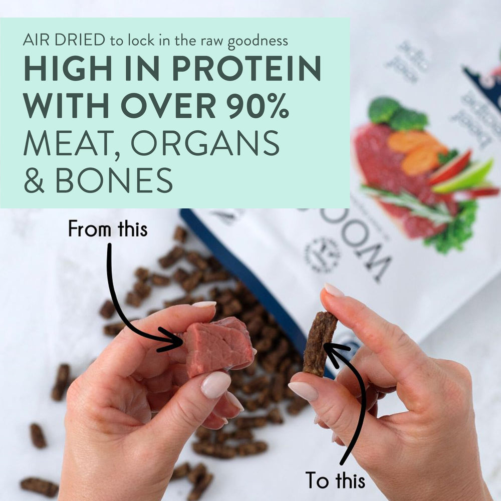 The New Zealand Natural Pet Food Co Woof Venison Bites ingredients highlight venison green tripe and mussels.