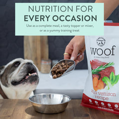 The New Zealand Natural Pet Food Co Woof Venison Bites served in a bowl for easy meal toppers.