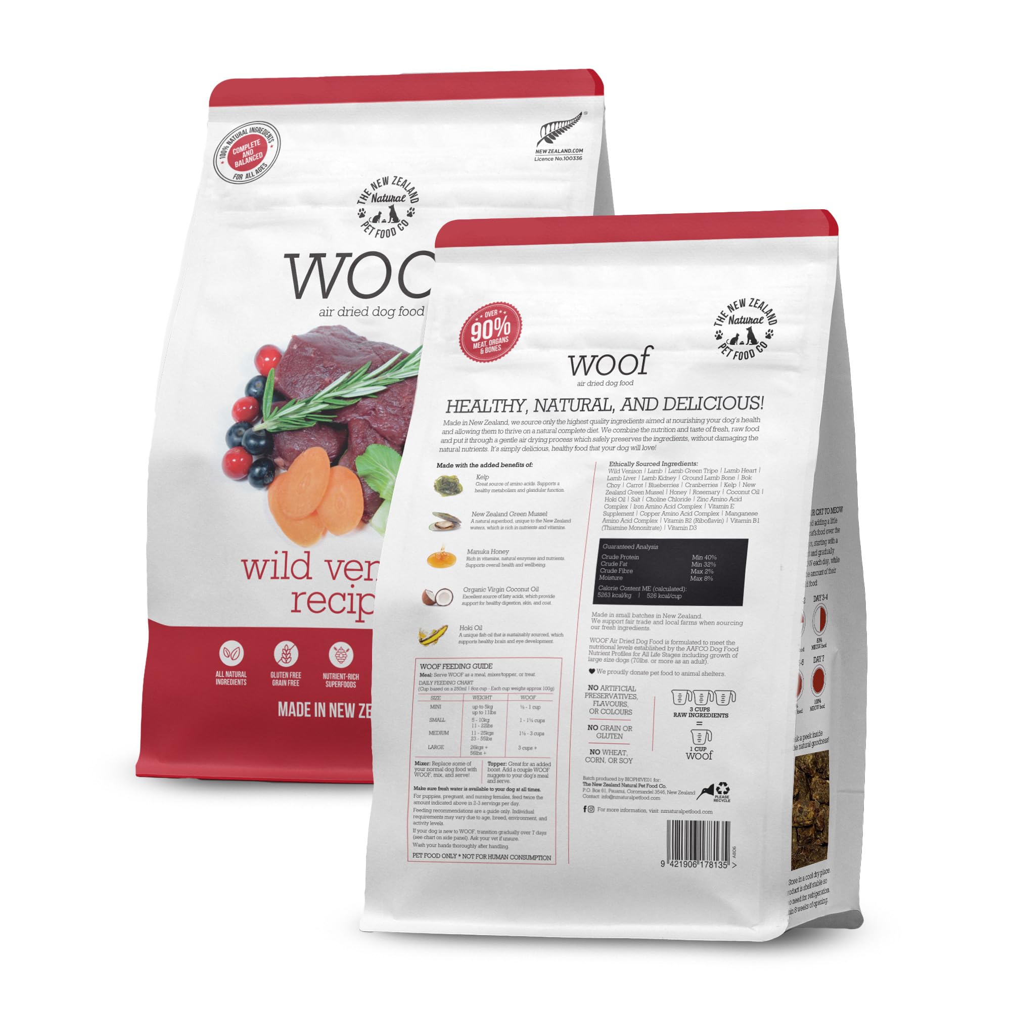 The New Zealand Natural Pet Food Co Woof Venison Bites texture reveals chewy, protein rich bites for rewards.
