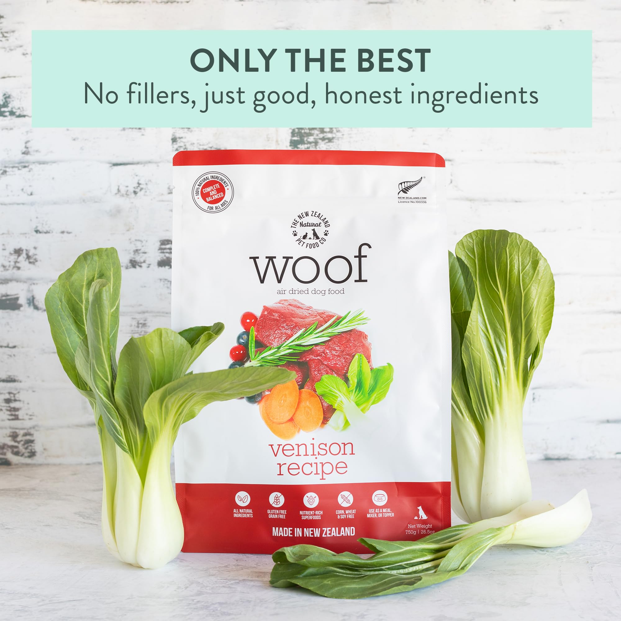 The New Zealand Natural Pet Food Co Woof Venison Bites training treat supports positive reinforcement.