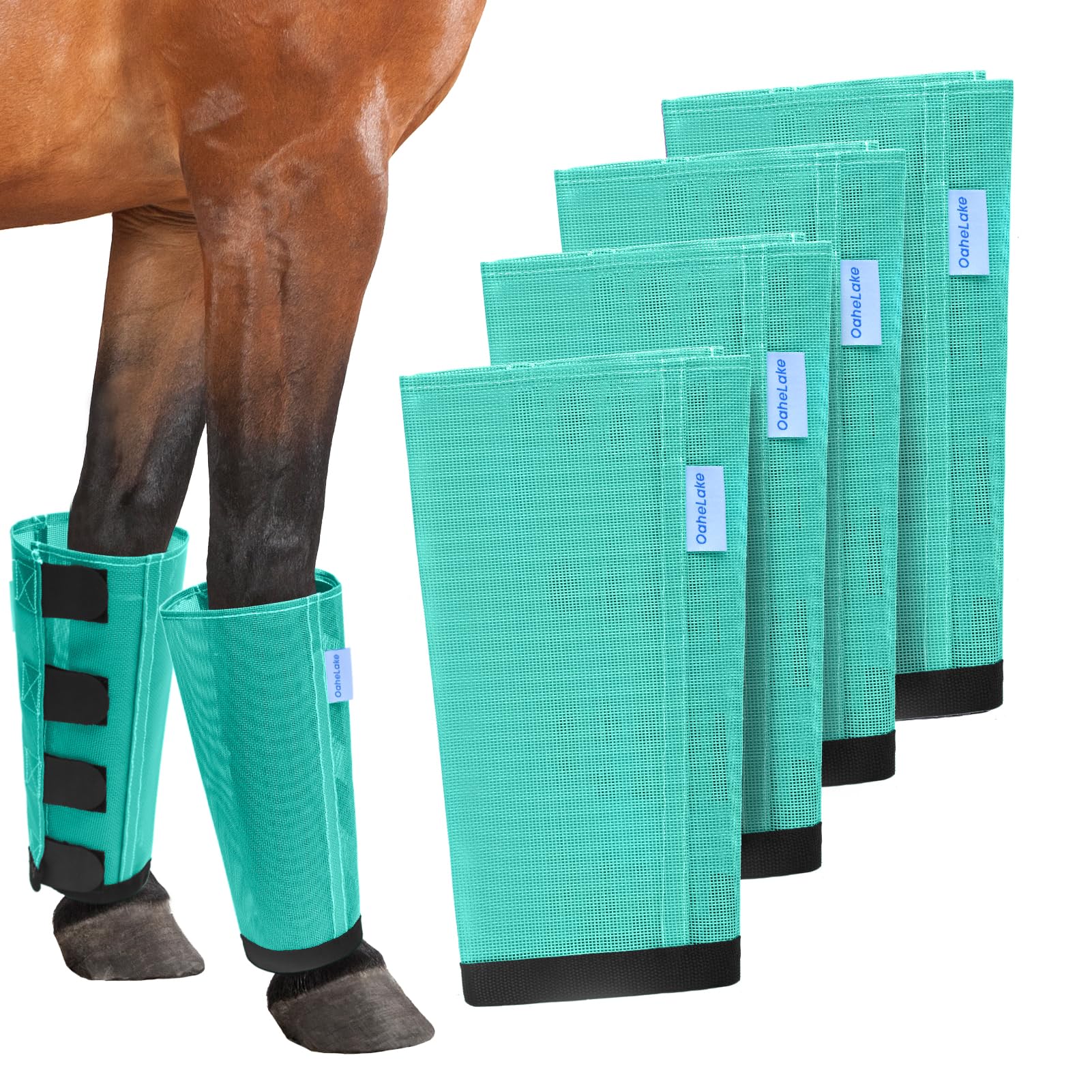 OAHELAKE mesh fly boots front view showing secure stay-put fit for four legs.