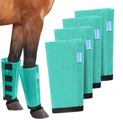 OAHELAKE mesh fly boots front view showing secure stay-put fit for four legs.