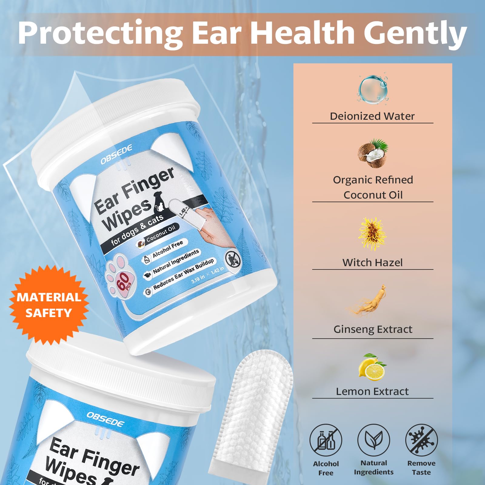 OBSEDE ear wipes feature gentle plant-based formula for sensitive ears.